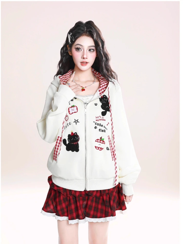 American Style Fashion Retro Cartoon Embroidery Plaid Patchwork Hoodies Lazy Casual Loose Zipper Sweatshirt Jacket Women Autumn