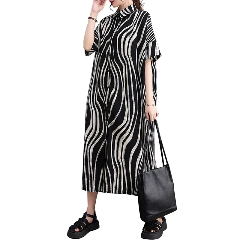 Plus Size Black Zebra Pattern Oversized Cotton Shirt Dress Summer Strips Printed Midi Buttons Down Shirt Dress Relaxed Fit