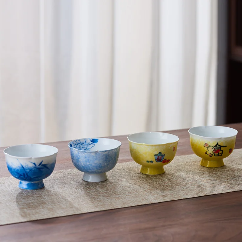 

Hand Painted Sunflower Mouth High Foot Tea Cup Household Porcelain Kung Fu Set Making Individual Single