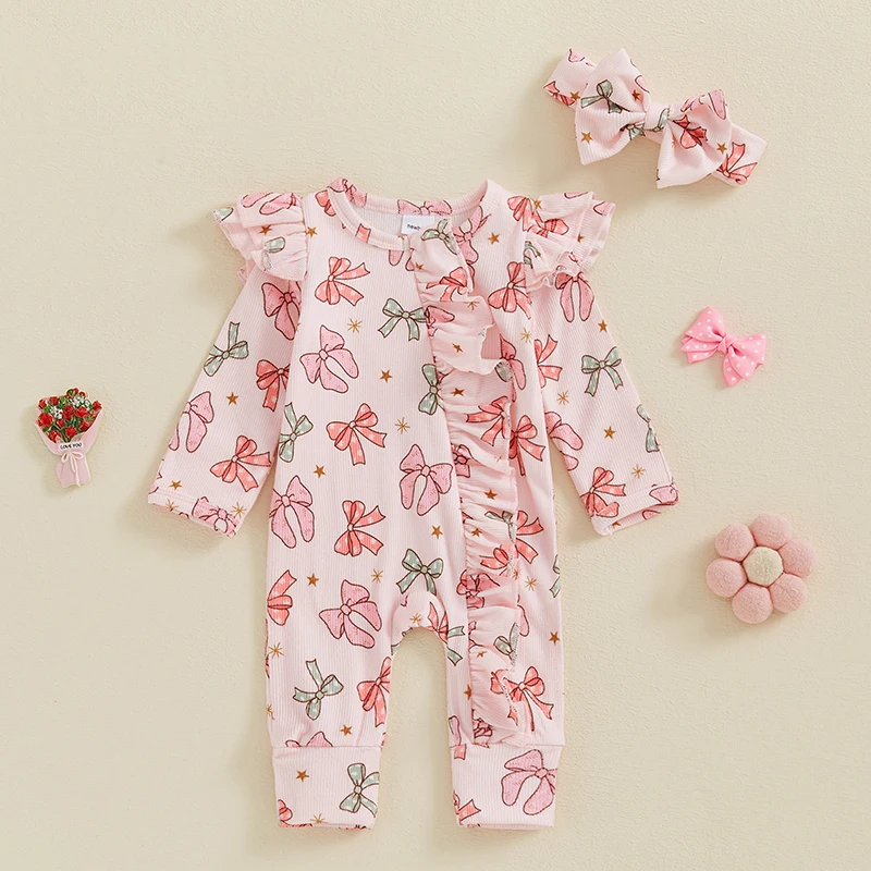 0-6M Autumn Baby Girl Outfit Long Sleeve Bow Print Jumpsuit with Bowknot Headband Baby Clothes