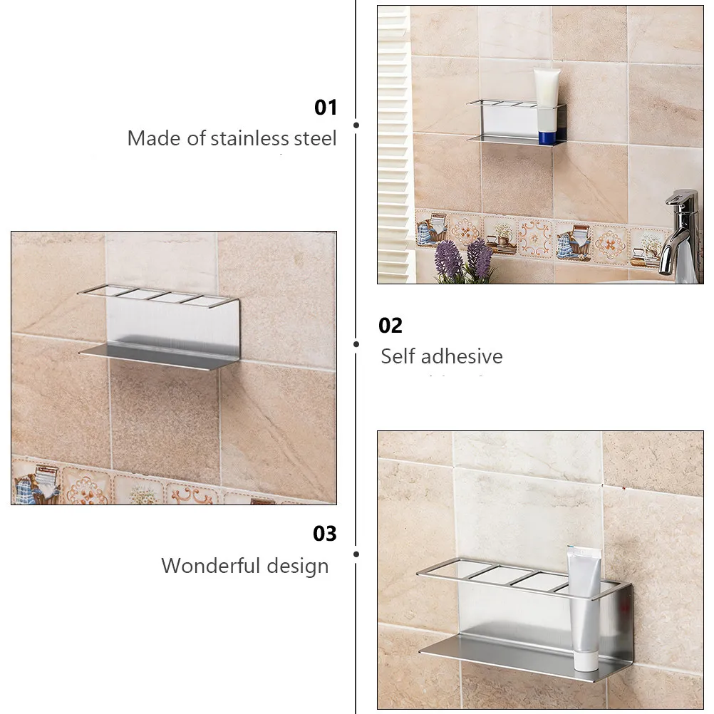 Stainless Steel Toothbrush Holder for Electric Toothbrushes 3 Slots 1 Toothpaste Shelf Rounded Smooth Surface Wall Mounted Self