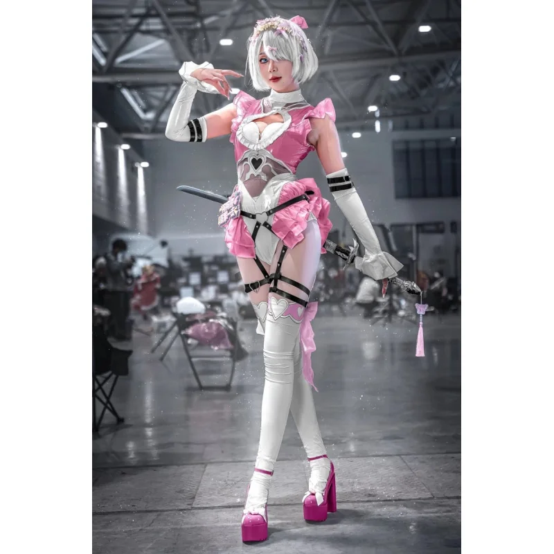 

NieR:Automata YoRHa No 2 Type B Cosplay Costume Valentine Day pink leather jumpsuit socks props Halloween party women sexy suit