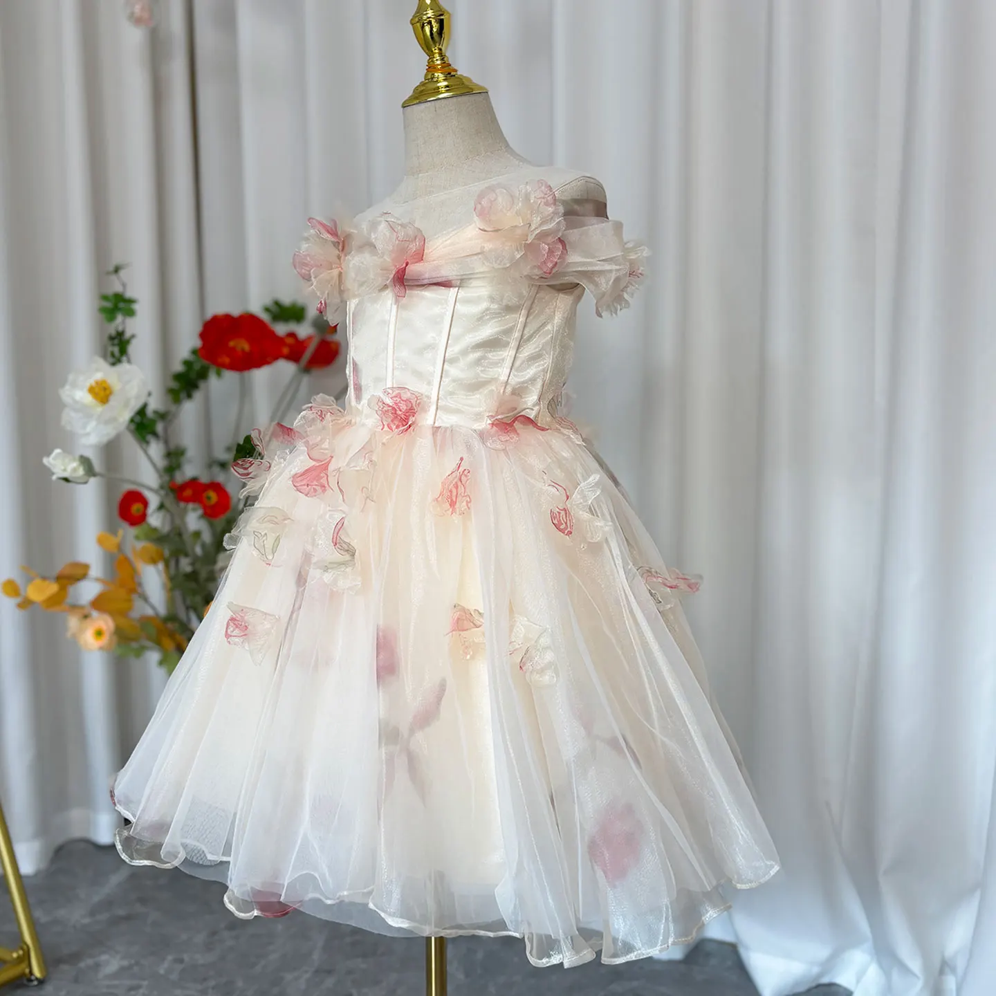 Jill Wish Elegant Champagne Flower Girl Dress Floral Princess Children Dubai Wedding Birthday Party Gowns vestidos de novia J345