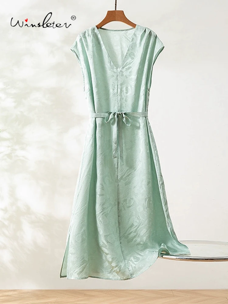 

Winsleter-Women 100%Real Silk Elegant Dress, Short Sleeve V Neck Jacquard, Retro Commute Loose Dresses, 2025 Summer New D56448CC