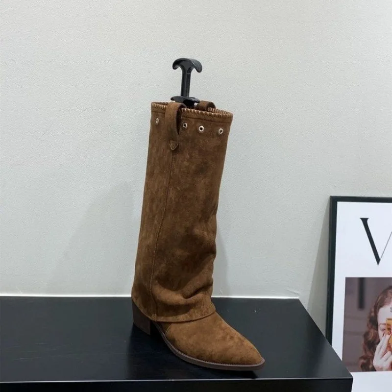 

Women's New Autumn and Winter Knee High Boots with Pleated Thick Sole Thick Heel Casual Leather Midsole Boots Knight Boots 41 42