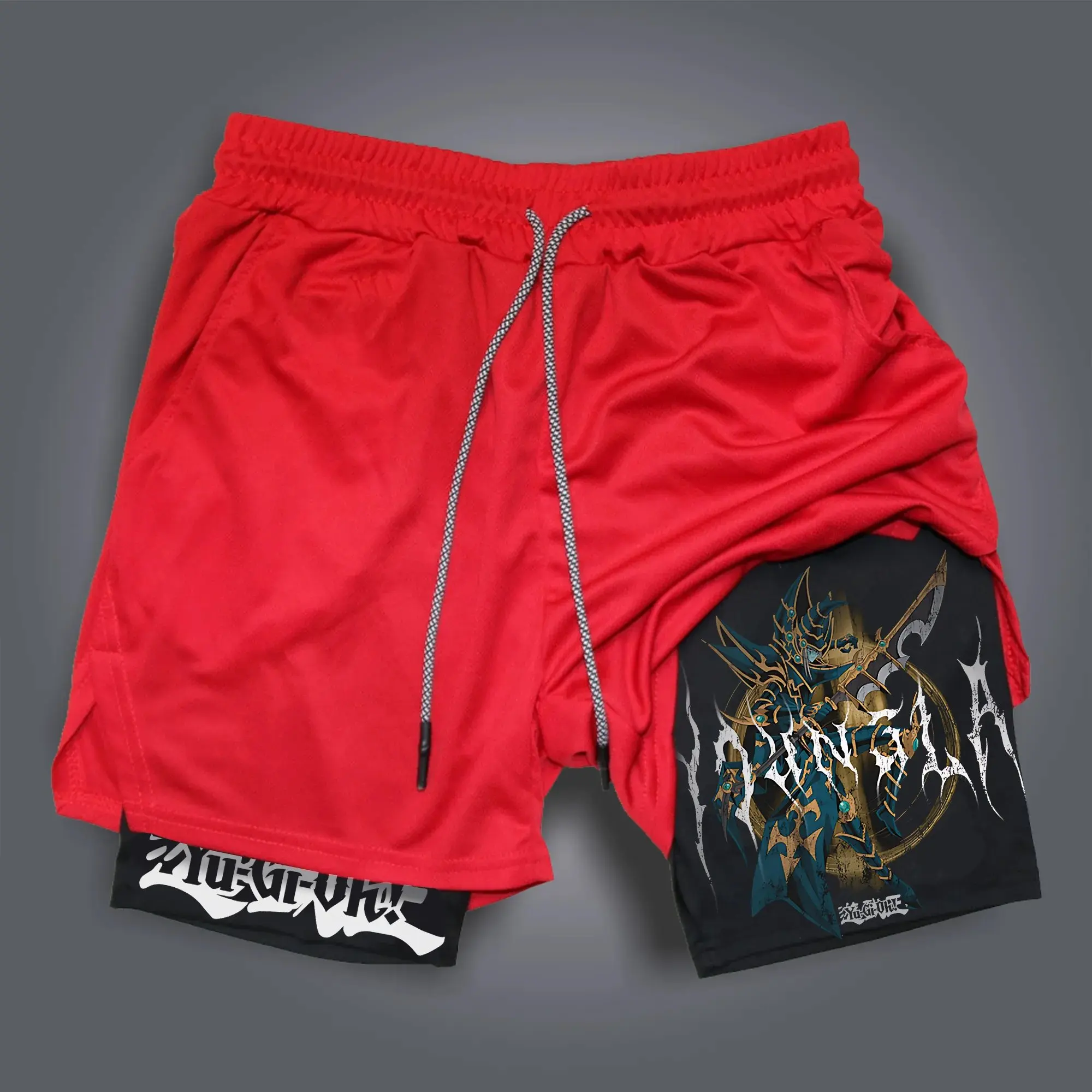 Novo Yu-Gi-Oh! Calça de combate fitness 2 em 1 de camada dupla masculina, shorts esportivos com bolso de anime japonês, calça de moletom de secagem rápida