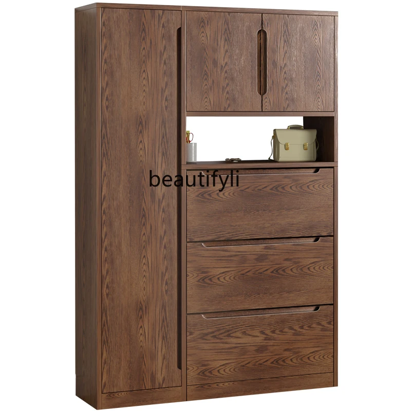 

Shoe Cabinet Entrance Cabinet Integrated Pure Solid Wood Entry Door Hall Cabinet Large Capacity Storage Cabinet Oak Walnut Color