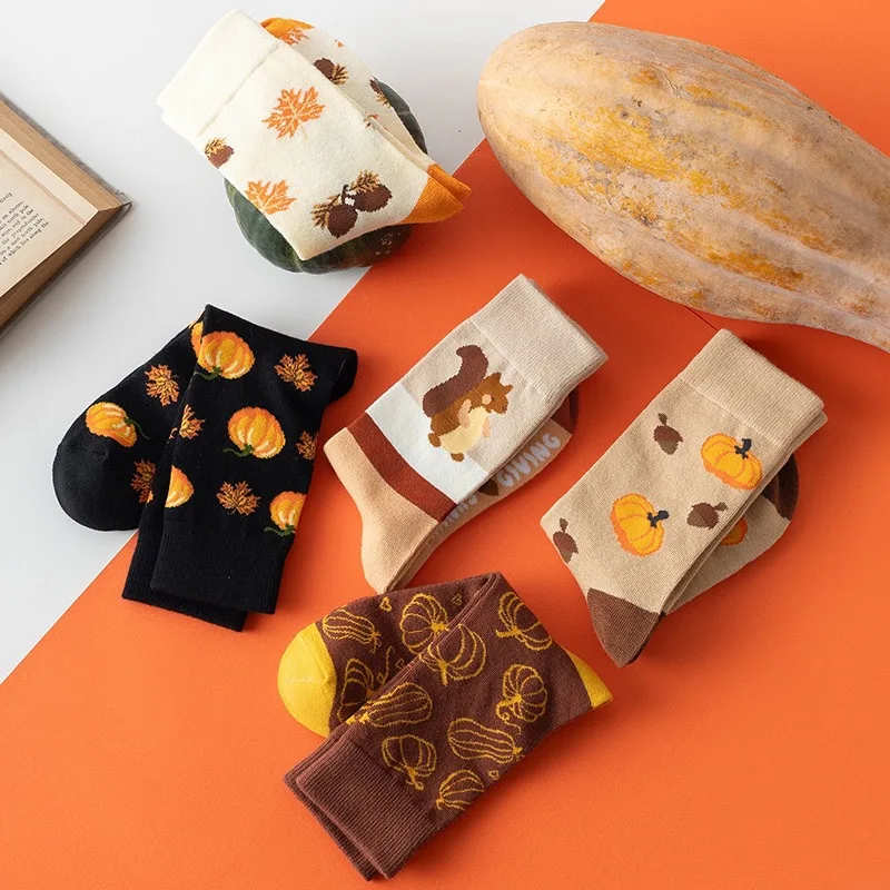 1/5 Pairs  Halloween Socks Women Men Pumpkin Squirrel Fall Crew Socks Cute Cartoon Autumn Casual Comfortable Cotton Socks