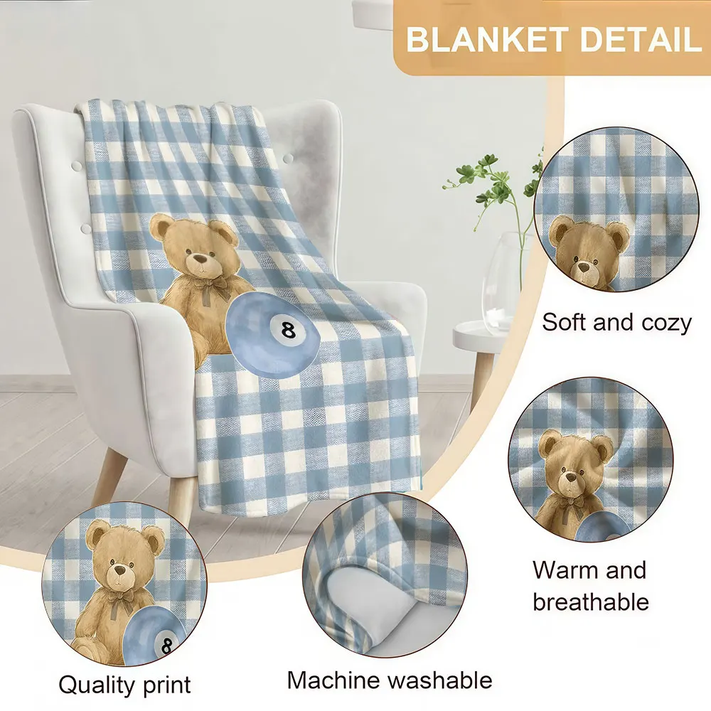 Blue Gingham Bear 8 Ball Soft Warm Flannel Blanket Lightweight Cozy Christmas Halloween Home Decor Room
