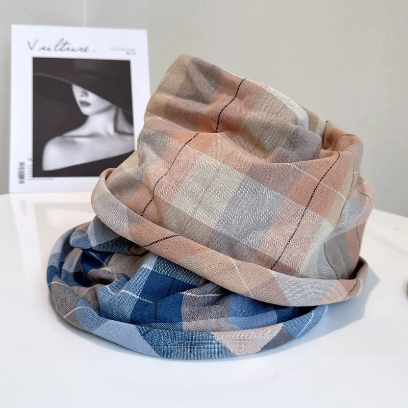 

Chic Scottish plaid fisherman hat Women's summer Sun protection rotating pleated silk hat Fashion vintage bucket hat