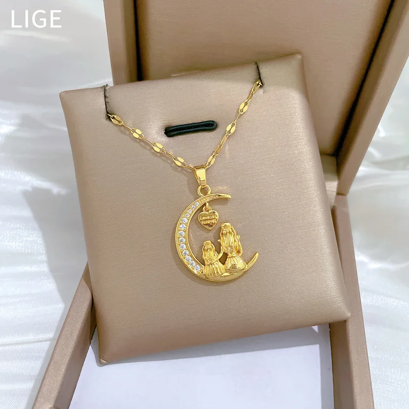 DIEYURO 316L Stainless Steel Fashion Exquisite Charm Looking At The Bright Moon Heart Necklace Trend Clavicle Chain Jewelry Gift