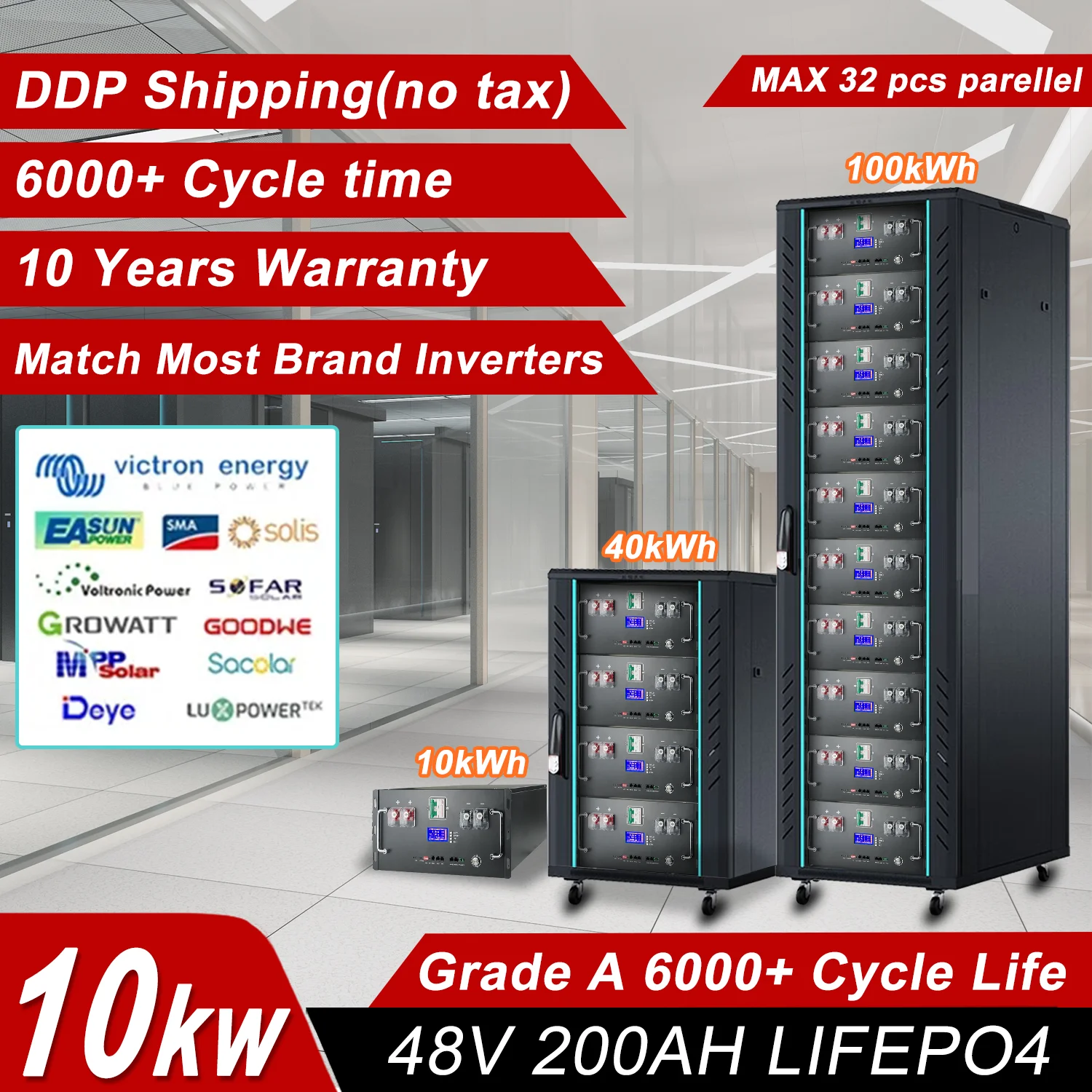 

New 48V 50Ah 100Ah 120Ah 200Ah LiFePO4 Battery Pack 6000 Cycles Max 32 Parallel Built-in BMS Inverter Lithium Ion Battery No Tax