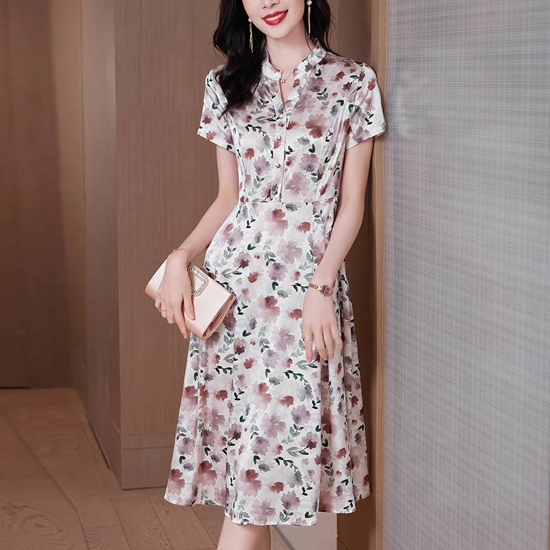 

Summer Floral Printed Dresses For Women Elegant V-neck Short Sleeve 19 Momme Real Silk Satin Woman Casual Long Midi Dress A-line