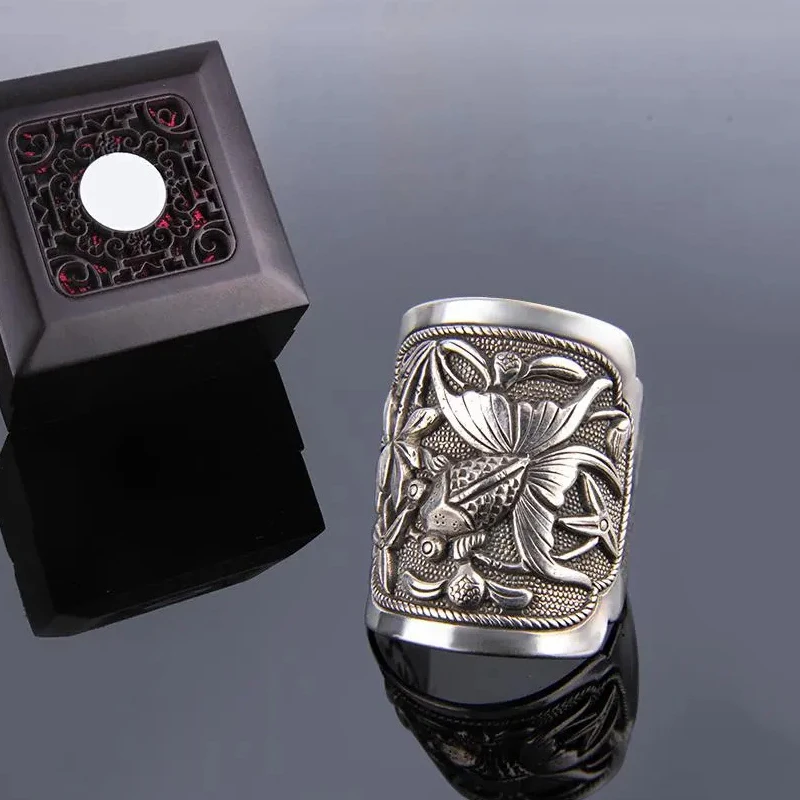 Goldfish Lotus flower 925 Thai Silver Wide style rings for women Vintage Couple Enamel Blue Adjustable opening Banquet Jewelry