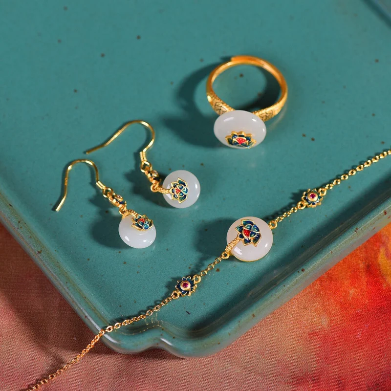 

925 Silver Inlaid Hetian Jade Peace Enamel Ring Earrings Bracelet Women Two-Piece Set