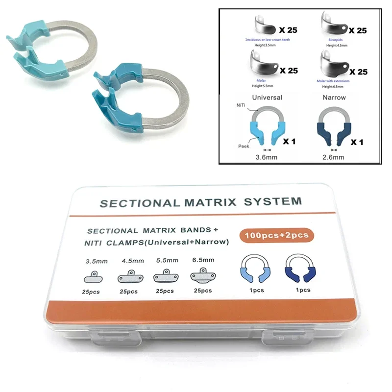 

102 шт., стоматологическая матричная полоса, металлические матрицы, NiTi кольца для реставрации моляров, контурные секционные стоматологические инструменты