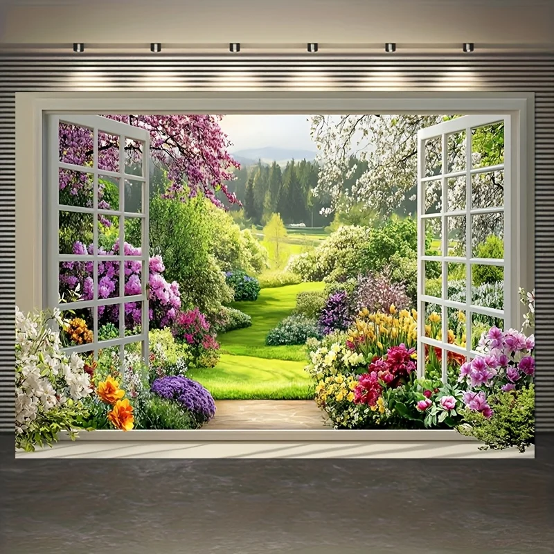 2D flaches 1-teiliges Polyester-Banner mit Frühlingsgartenlandschaft, durch das Fenster, perfekte Wohnzimmerdekoration und Raumdekoration – Detail 6