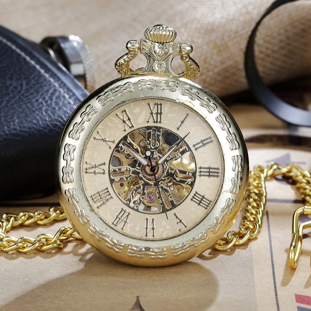 

Vintage Mechanical Skeleton Steampunk Pocket Watches Roman Numerals Fob Watch Hand-Wind with Chain Men Clock Gifts reloj hombre