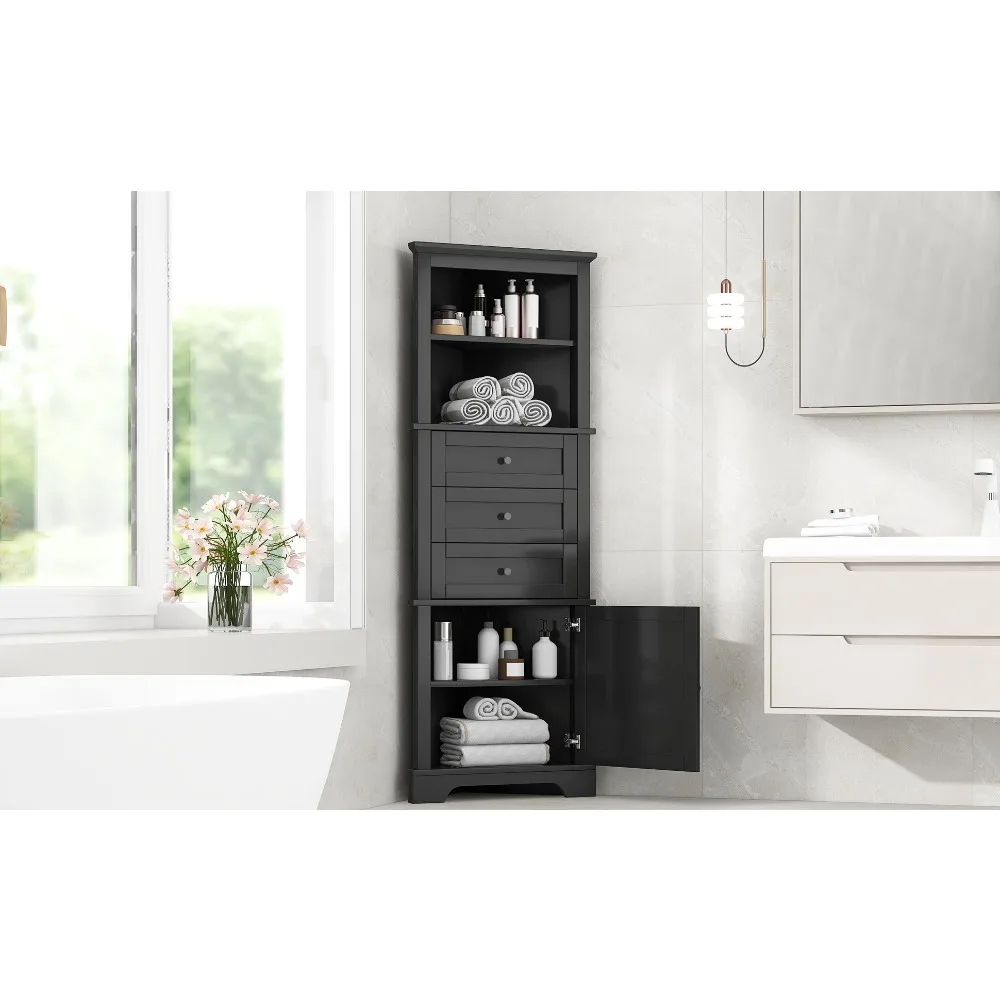 

Black Triangle Tall Cabinet with 3 Drawers and Adjustable Shelves for, Bathroom Cabinets