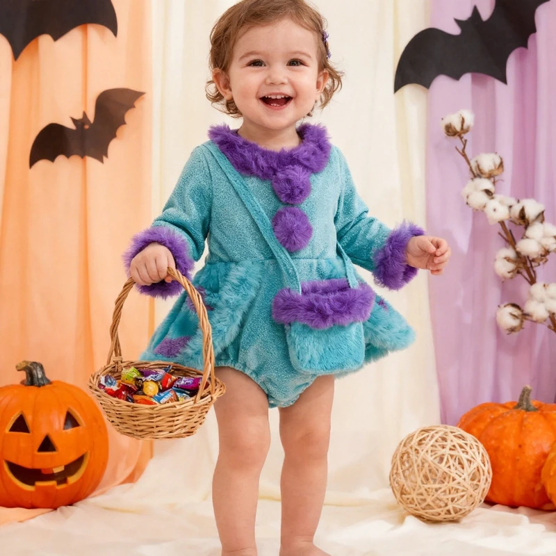 Mono de bebé de color verde azulado con detalles morados y forro de piel sintética, con bolso, ideal para Halloween, disfraz de cosplay para recién nacidos, bebés y niñas.