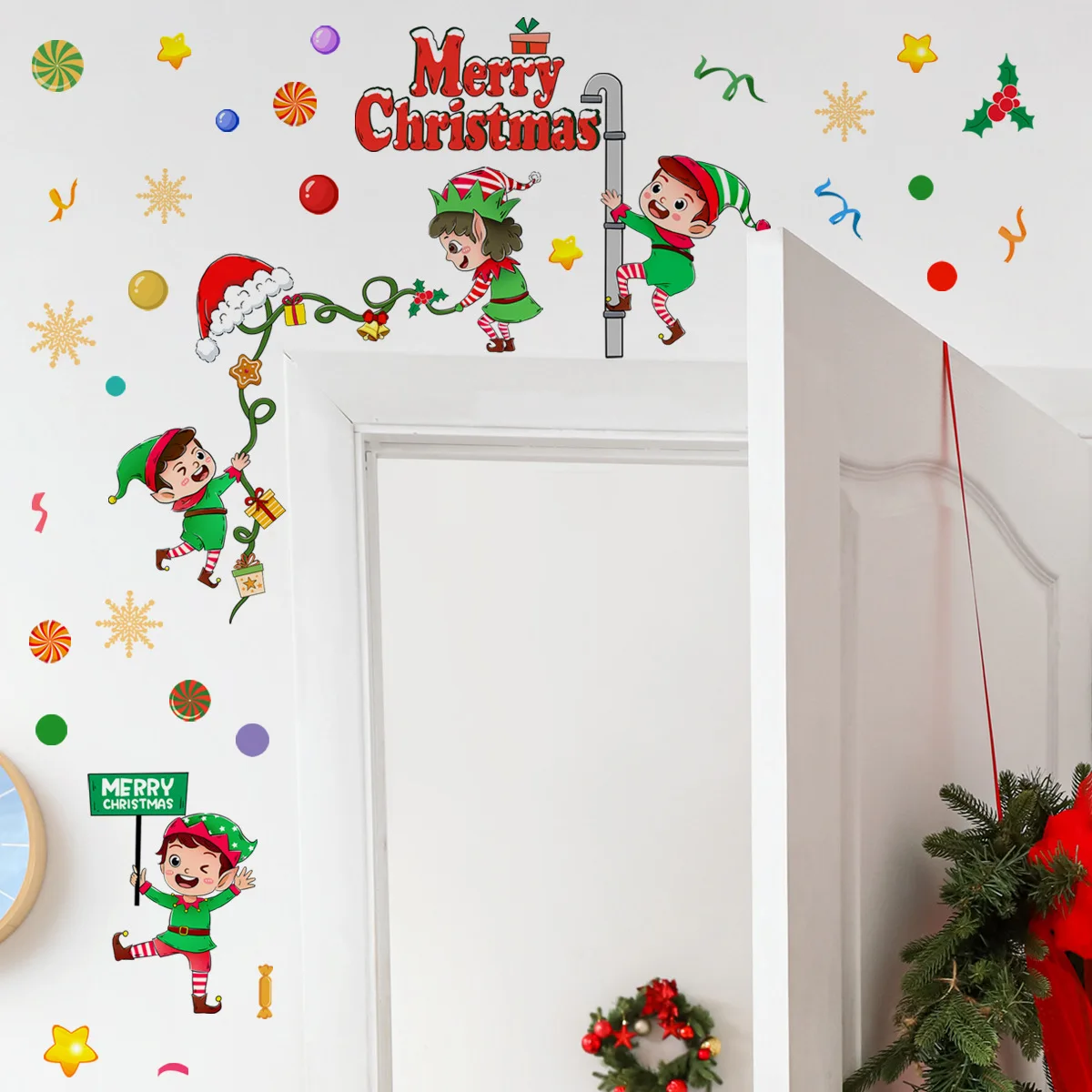 Cartoon Christmas Child Small Bell Christmas Tree Polka Dot Wall Stickers Door Header Decoration Self-Adhesive Wall Decals