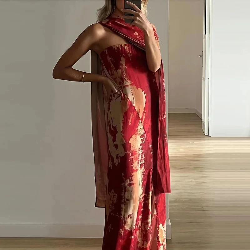 

Temperament Casual Shawl Split Dresses Spring New Women's Pleated Slim Robes Elegant Printed Sleeveless Tube Tops Evening Dress