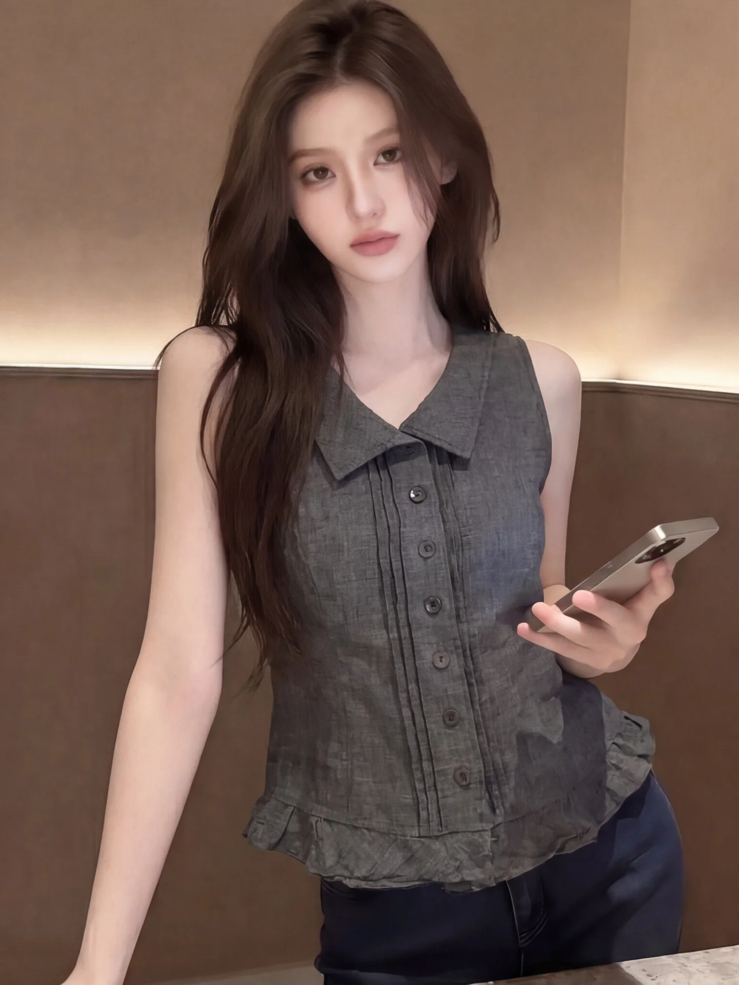 

Retro Gentle Collared Pleated Sleeveless Shirt Thin Loose Casual Simple Vest Cardigan Women's Fashion Summer 2026 Daily Wear