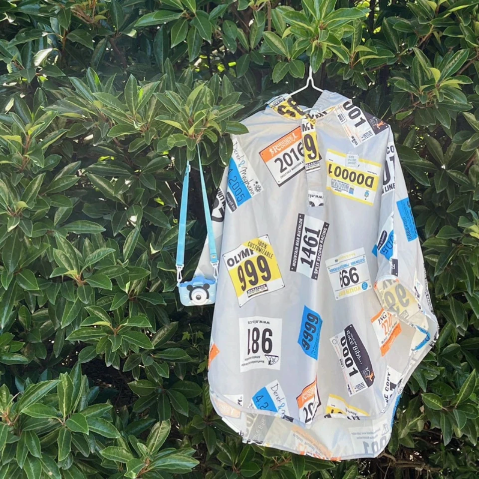 New KS Hooded Poncho Raincoat Lightweight Waterproof Quick Dry Letter & Race Number Print Loose Oversized Children's Rain Cape