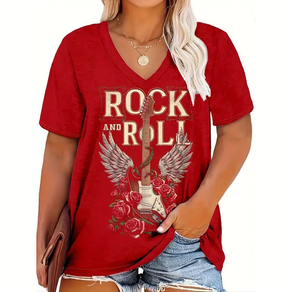 Women's T-Shirts Vintage Music Print Women Clothing T-Shirts For Girls Short Sleeve V-Neck Casual Guitar Print Tops