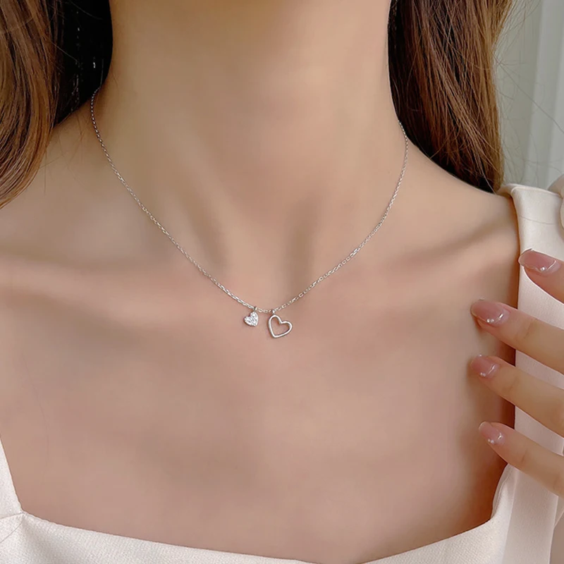 925 Sterling Silver Simple Heart Necklace Shiny Zircon Love Pendant Female Clavicle Chain Fashion Jewelry Wedding Party Gift