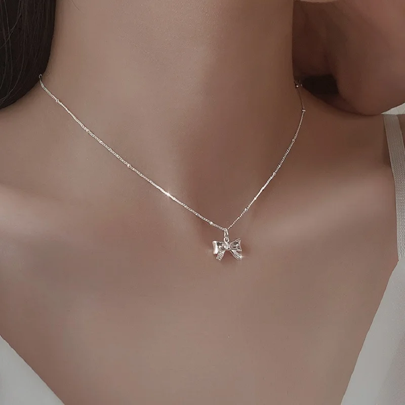 Korean Silver Color Bow Pendant Necklace for Women Minimalist Metal Clavicle Chain Romantic Necklace Wedding Jewelry Gift