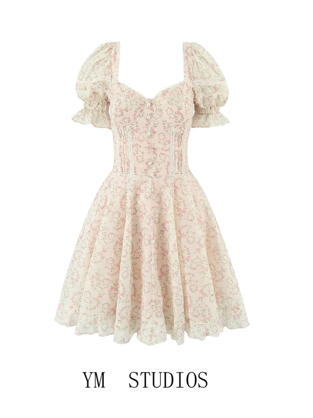 

Princ Sle Floral Print Lace Trim Patchwork Dr Waist Bowknot Workwear ort Skirt Sweet Summer Polyester Bubble Sve