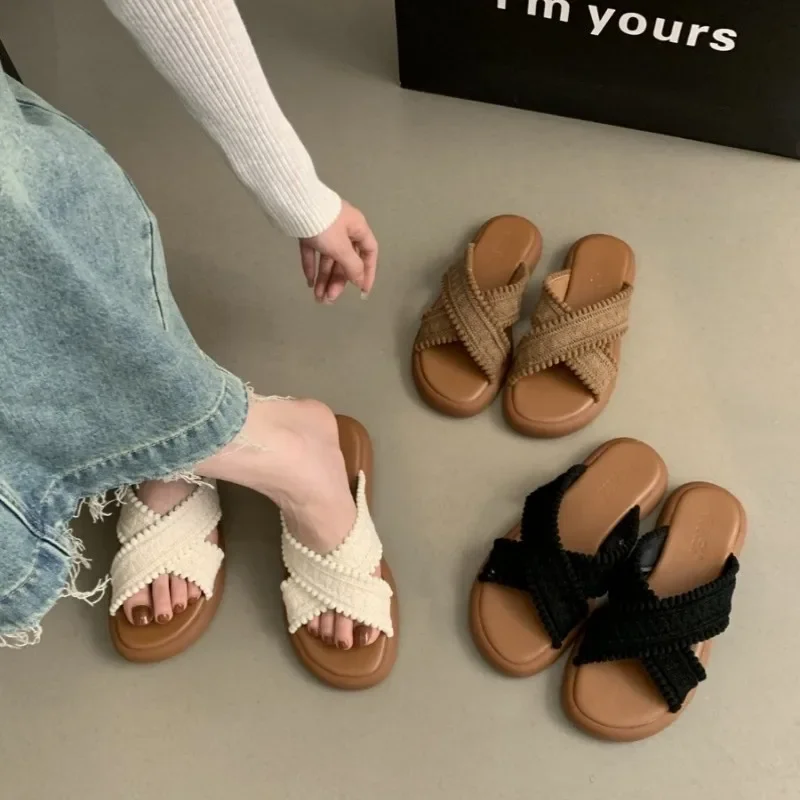 Sandalias con espalda descubierta de encaje de ganchillo para mujer, zapatos planos informales con correa cruzada, moda nacional, verano, 2024