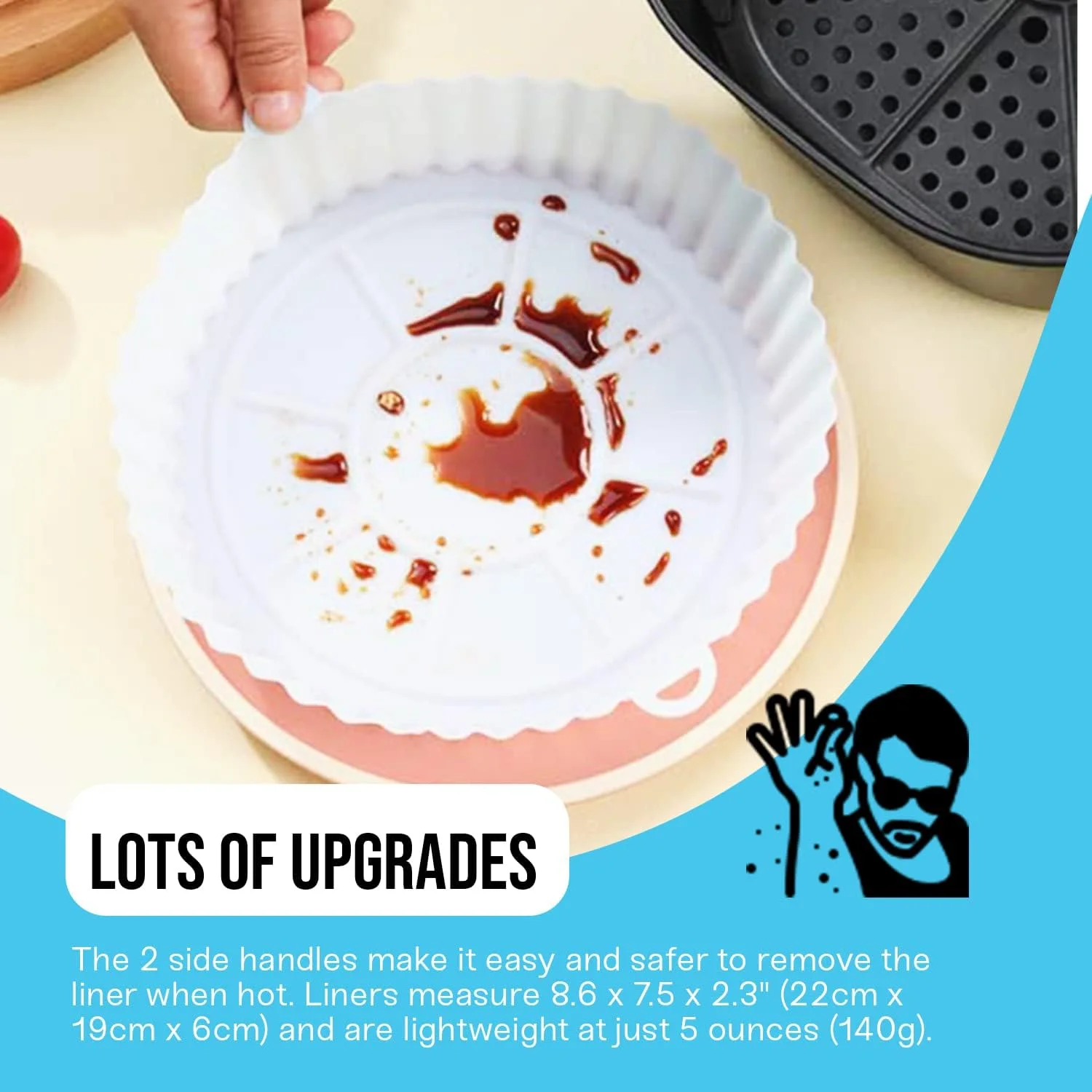 Pack of 2, 8 Inch Silicone Air Fryer Liners, Upto 450° Heat Resistant with Handles for Easy Carry, Reusable Silicone Air Fryer