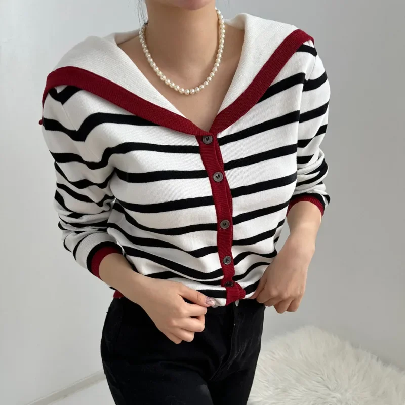 Neploe Fashion Sailor Collar Striped Knitted Cardigan 2024 Autumn Winter New Tops Women Y2k Slim Fit Long Sleeve Sweaters