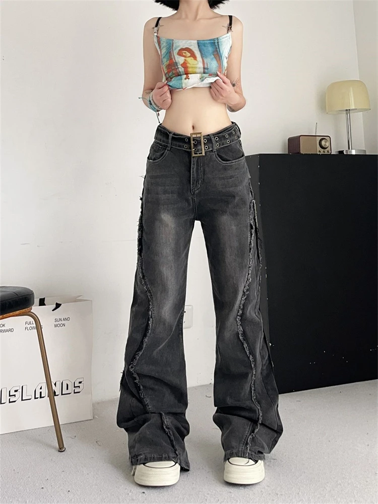 

Women's Ragged Edge Design Splicing Jeans Street Summer New Trousers Young Girl Street Bottoms Female High Waisted Denim Pants