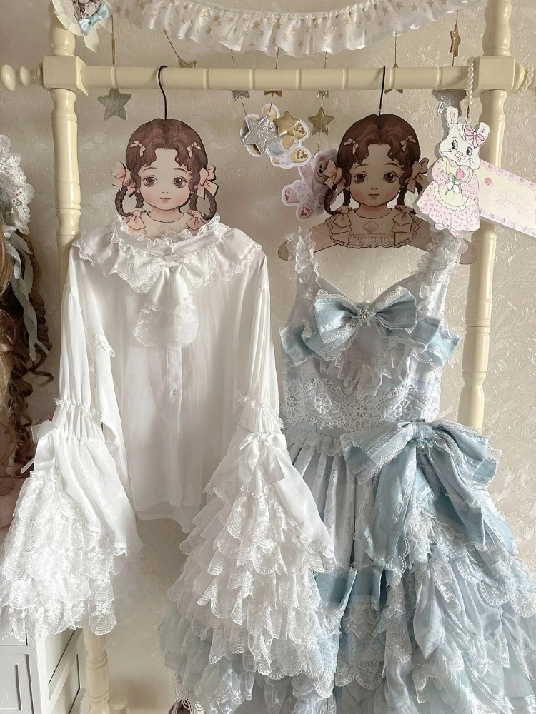 Japanese Lolita Flared Shirt with Inner Sleeves Y2k Aesthetic Lace Sweet Bow Versatile and Versatile Blouse