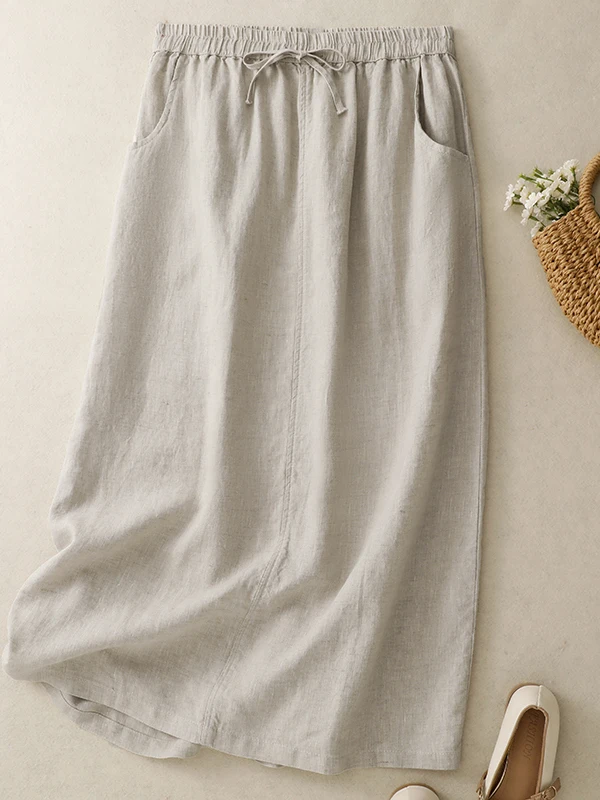 

Художественная однотонная утягивающая льняная юбка-миди больших размеров, женская летняя юбка трапециевидной формы с эластичной резинкой на талии и разрезом