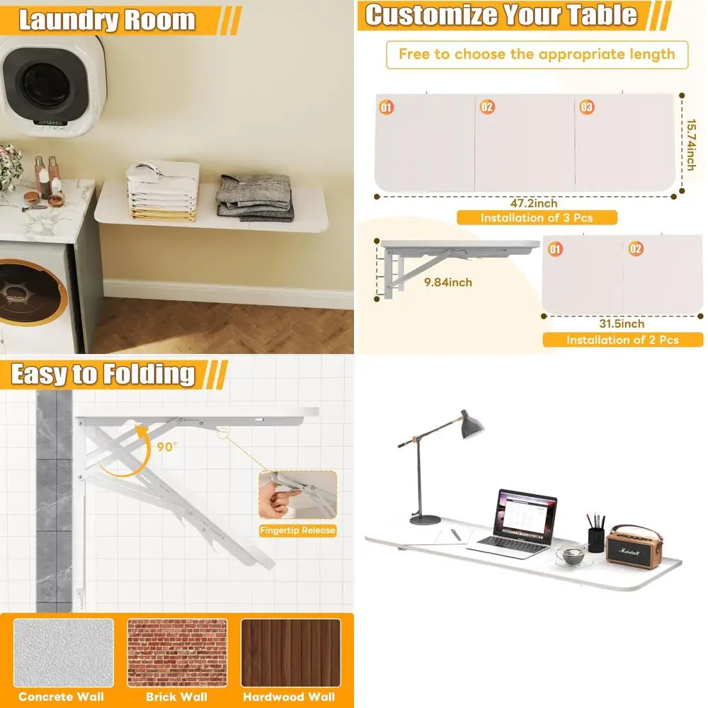 

Space-Saving 47 Folding Wall Table with Metal Shelf for Laundry, Study, Kitchen & Dining