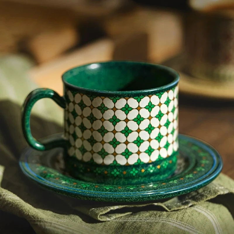 Exotic retro printed ceramic mugs, plates, ethnic style hand-painted coffee cups,home afternoon tea drinking cups Christmas gift