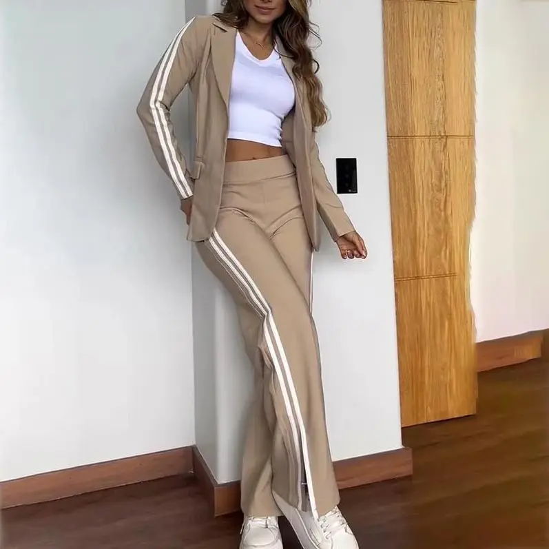 Women’s Two Piece Outfits Blazer Jacket Fall Winter Casual Notched Lapel Blazer and Wide Leg Pants Suit Set Pockets