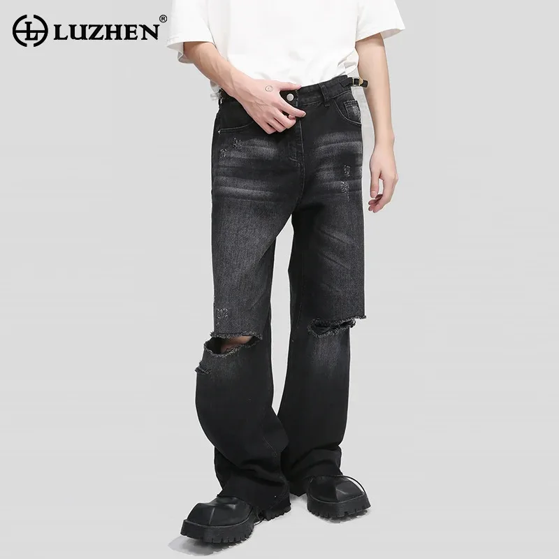 

LUZHEN Street Washed Men's Ripped Design Jeans Gradient High Color Male Denim Straight Pants Retro Men Wide Leg Trousers 9C2533