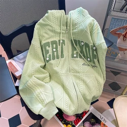 Green Letter Embroidered Zipper Sweatshirt Fashionable Drawstring Hooded Jacket 2024 Autumn/Winter New Loose Women's Coat