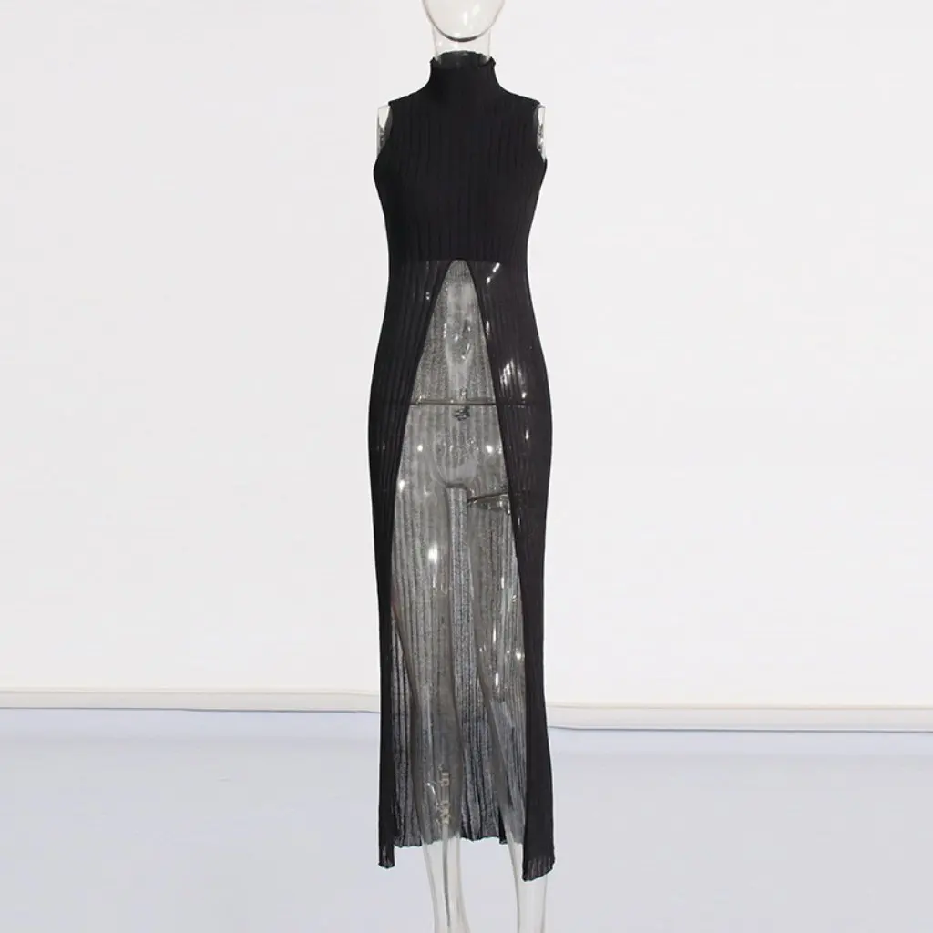 

Sexy Socialite Sleeveless Turtleneck Knitwear Asymmetrical Design Slit Elegant Slim Fit New Arrivals Women's Top