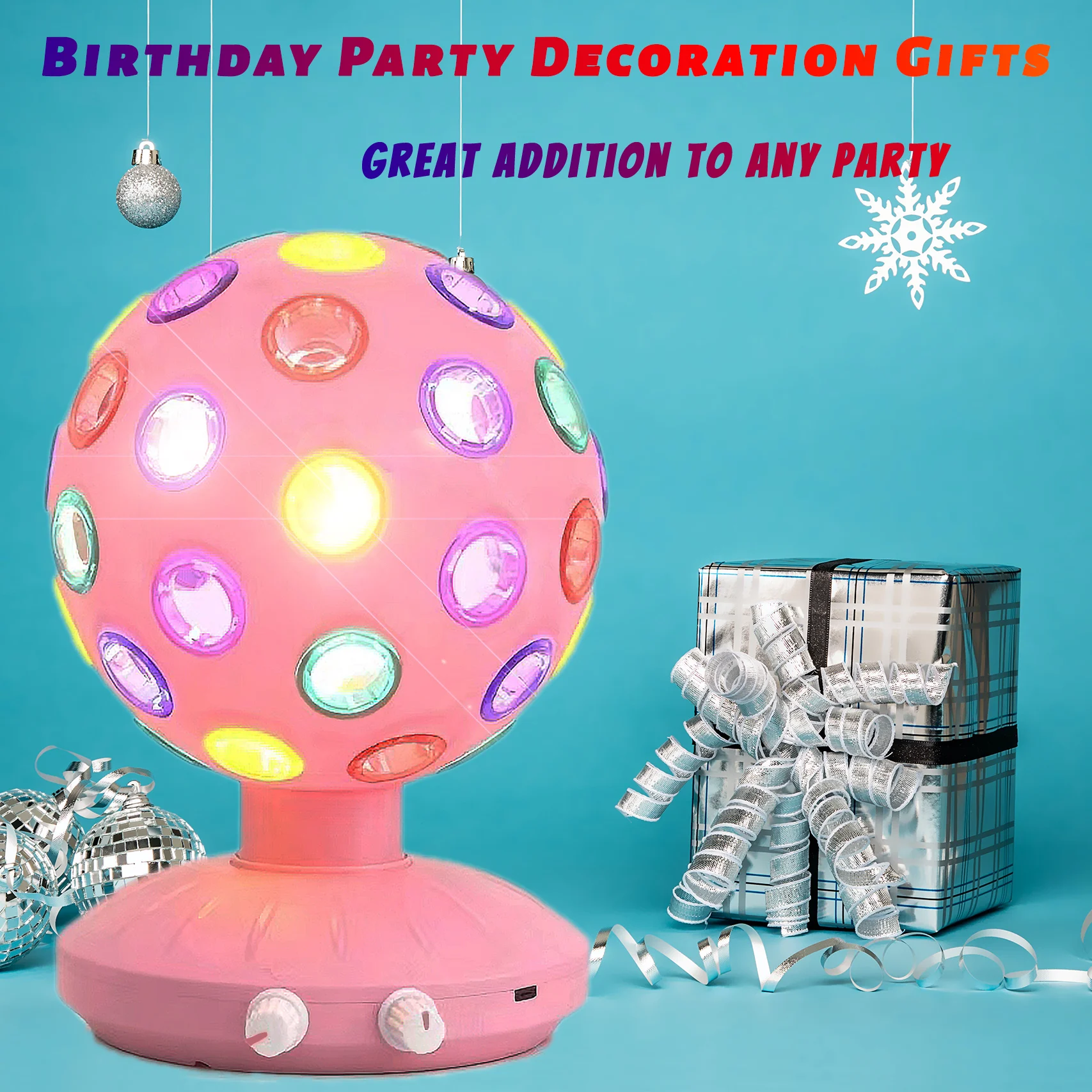 Bola de discoteca giratoria rosa Iluminación ambiental 360 °   Lámpara ajustable de velocidad/brillo giratorio (USB /3 pilas AA)