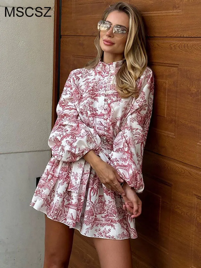 

MSCSZ Button Up Long Sleeve Shirt Dress Woman Lantern Sleeve High Waist A-Line Mini Dress Plants Printed French Vintage Dress