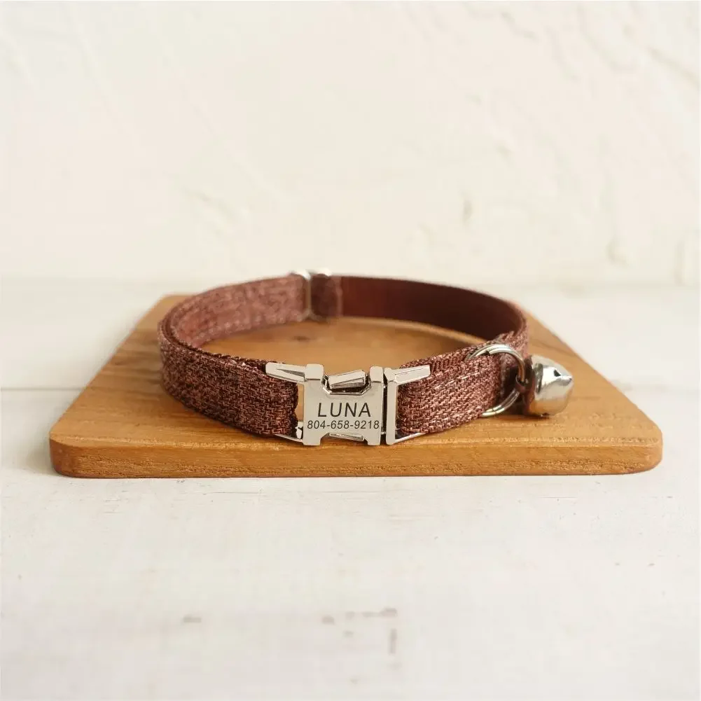 

Personalized Cat Collar with Free Engraving, Matching Pet Leash,Customzied Contacts Metal Buckle, Brown Suit Small Pet Collar