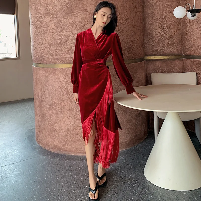 Elegant Burgundy Velour Nightgown Sexy Tassel Sleepwear Women Autumn Winter Nightwear Long Velvet Warm Homewear Loungewear