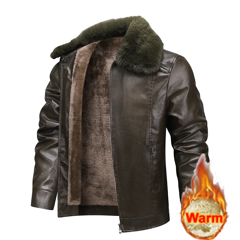 2026Plush Thickened Faux Leather Jacket Men's Fur Collar Jacket Windproof Waterproof Business Jacket Winter Motorcycle Jacket