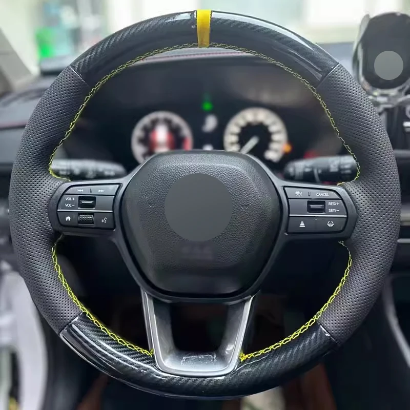 

Carbon Fiber Leather with Yellow Stripe Full Wrap Hand Sewing Car Steering Wheel Cover for Honda Civic 11 Accord CRV HRV BREEZE